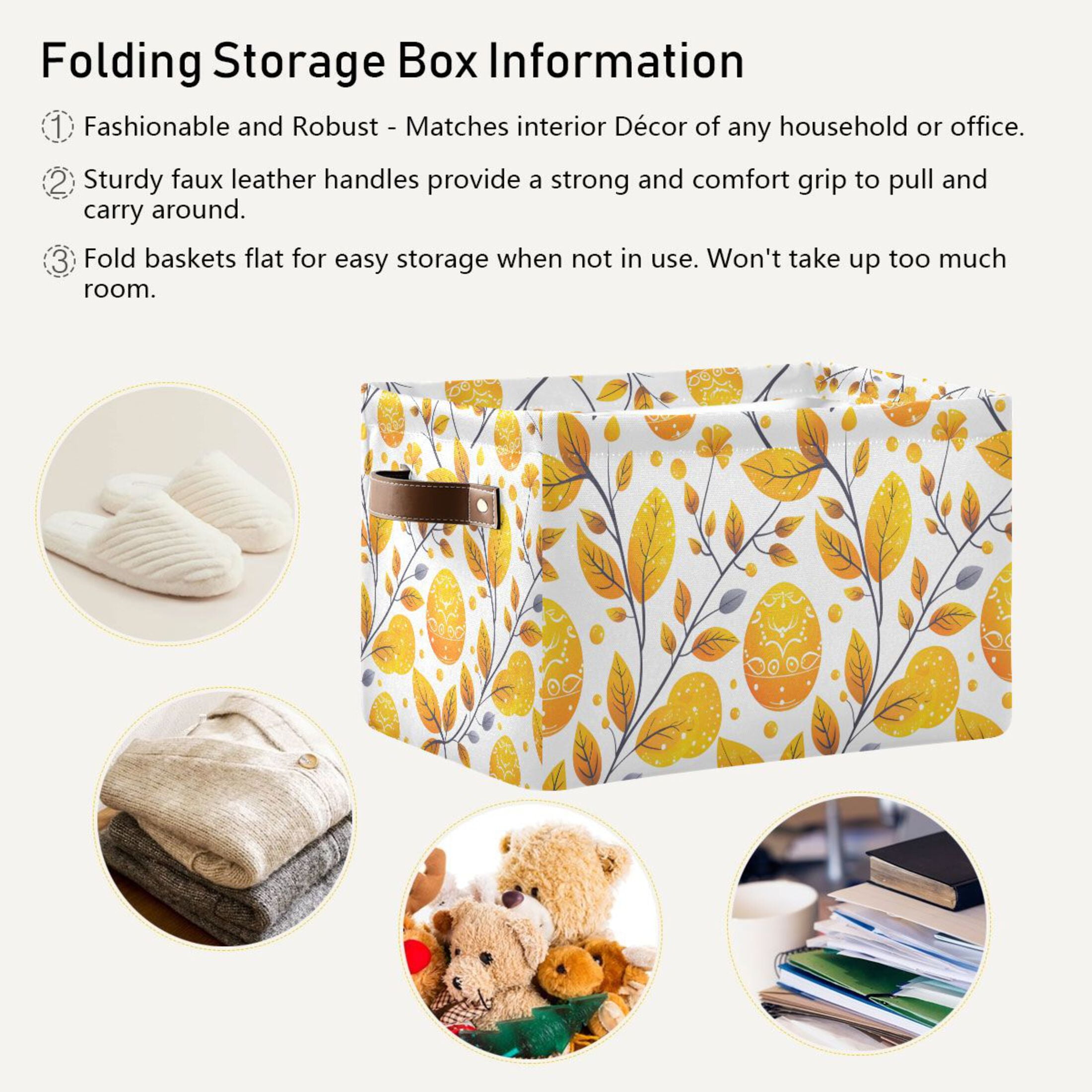 Ryvnso Easters Egg and Leaves Storage Basket Large Bin Foldable Boxes Toys Organizer 14.2x10.2x8.3in 2 PCs