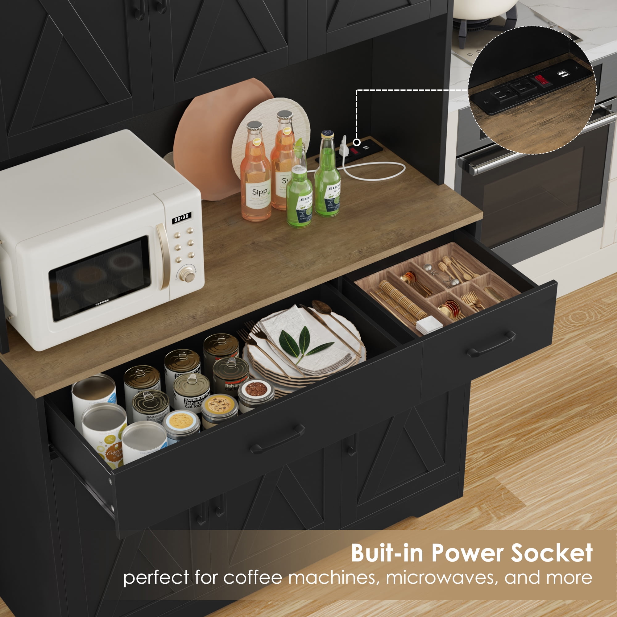 Homfa 71" Kitchen Pantry with Charging Station, Freestanding Cupboard with Adjustable Shelves, Floor Cabinet for Dining Room, Black
