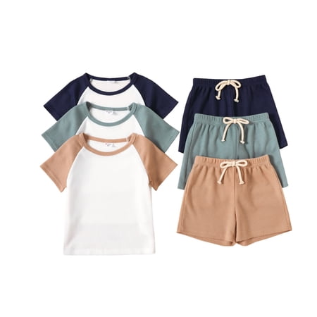 PatPat Toddler Boys Clothes Baby Boy Outfit Sets Kids Waffle Color Block Raglan Sleeve Tee & Solid Shorts Set,2-Piece, Brown,5-6T