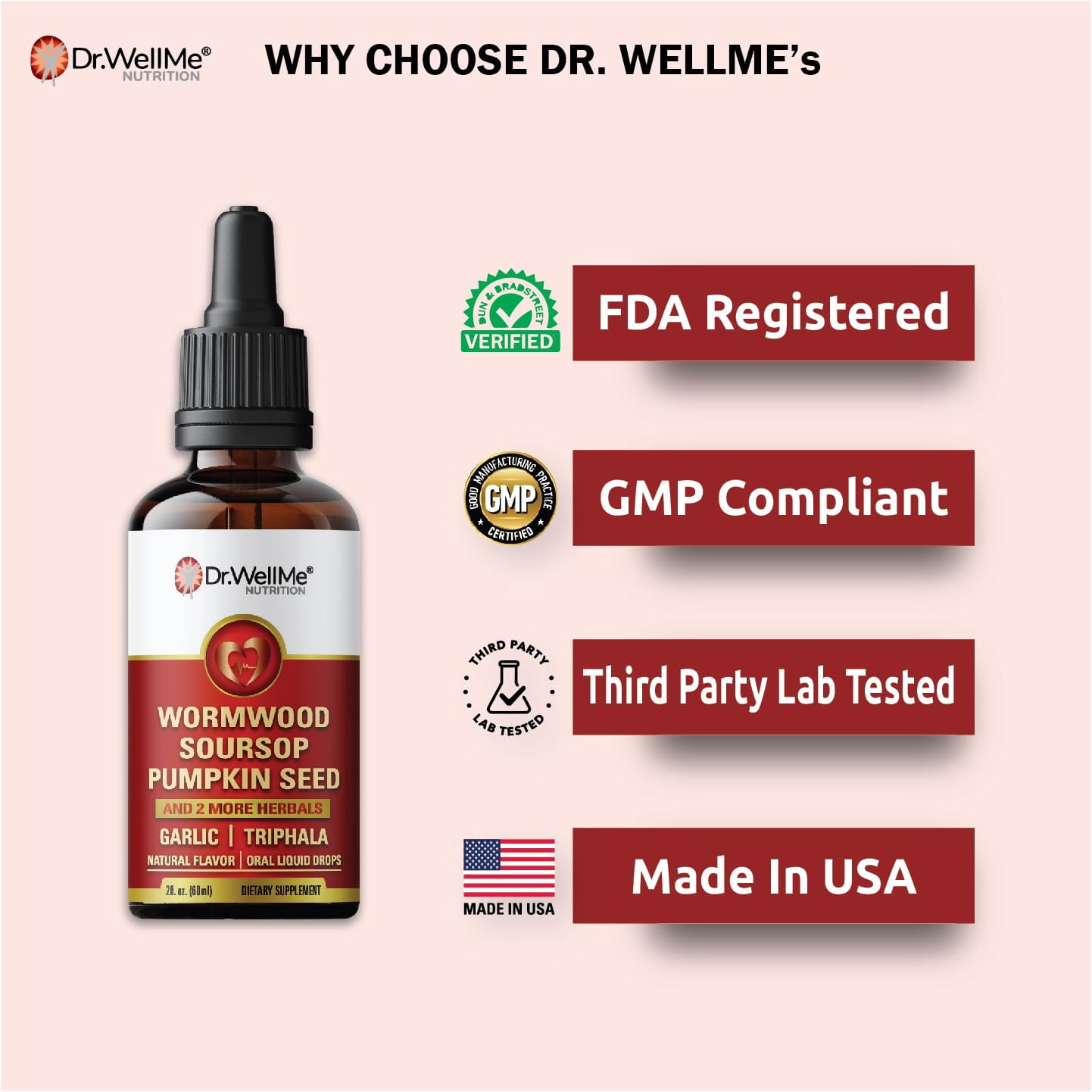 Dr.WellMe Wormwood Soursop Liquid Drops (2 fl oz, 60 ml) | Pumpkin Seeds, Black Walnut | Garlic, Triphala, Turmeric | Immune Boost, Digestive Health & Detox Support