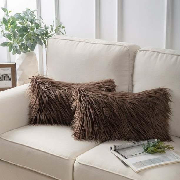 Phantoscope Soft Fluffy Faux Fur Rectangle Cushion Decorative Throw Pillow Cover With Insert Filled 12 X 20 Dark Brown 2 Pack Com - Dark Brown Leather Couch Seat Cover