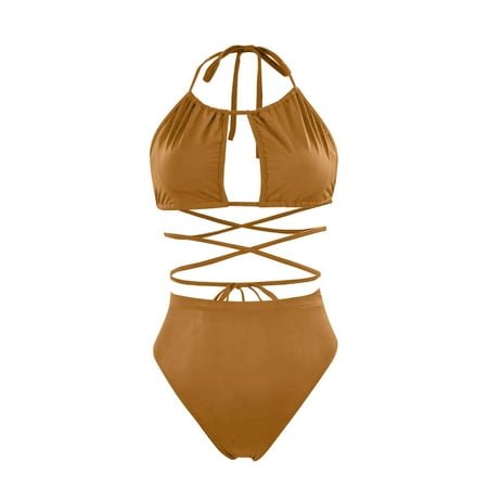 XUELUO Womens Bikinis Solid Color Sexy Spaghetti Strap Backless Bra And Lace Up High Waist Panty Set Two Piece Swimwears Activewear