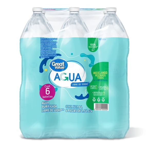 Agua natural Great Value 6 pack de 1.5 l c/u