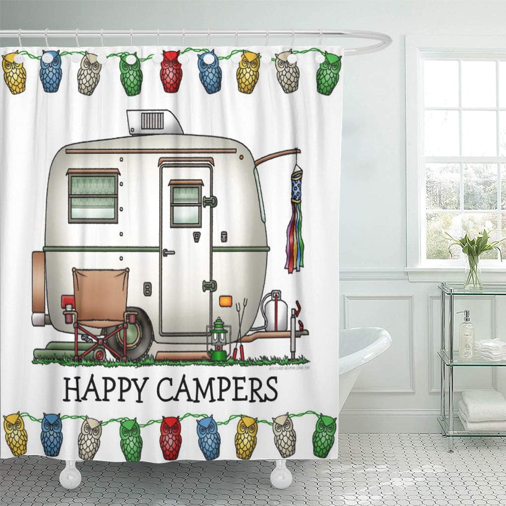 Camper RV Shower Curtains Trailer Travel with Tree on Stripes Bath Curtains 