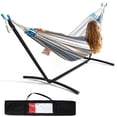 thumbnail image 1 of FDW Hammock with Heavy Duty Steel Stand Double and Carrying Case,for Yards Beaches Parks Balconies,Blue and White, 1 of 7