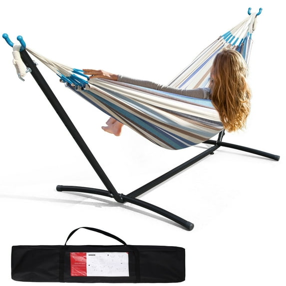 FDW Hammock with Heavy Duty Steel Stand Double and Carrying Case,for Yards Beaches Parks Balconies,Blue and White
