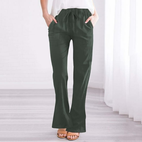 IDALL Linen Pants Women Petite Pants Women Fashionable Casual Cotton And Linen Pocket Waist Slim Bell Bottom Trousers Lounge Pants Women Summer Pants Army Green L