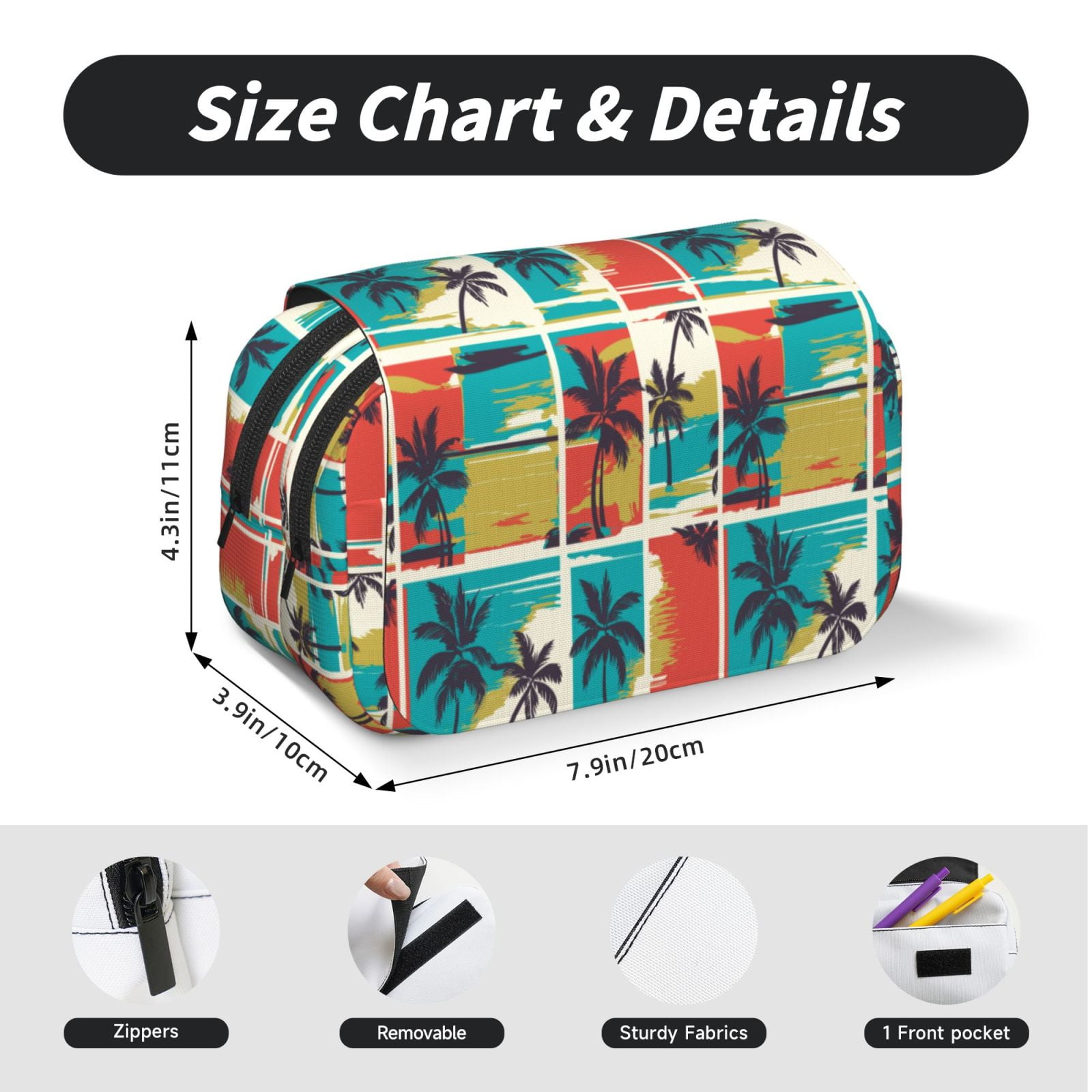 Rateoe Colorful Hawaii Palms Pattern Double Clamshell Pen Case, Storage Organizer with Two Zipper Compartments– Holds Up to 50 Pencils & Pens