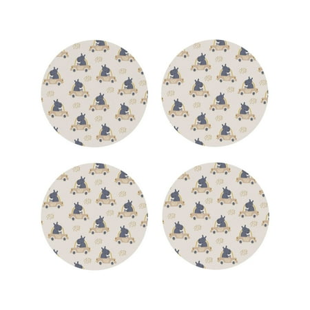

KLL Drink Coasters Set Round Shape of 4 PU Leather Absorbent Coasters Set Decorative Coffee Cup Coasters Housewarming Gift for Home Decor-Hippos Driving A Car