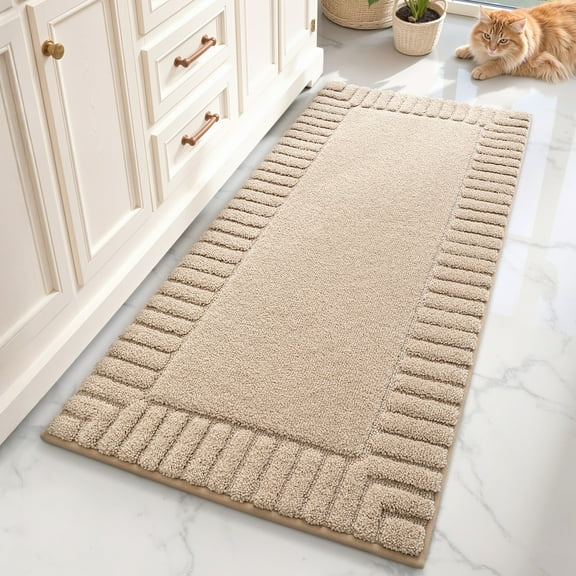 OEAKAY Textured Plush Beige Microfiber Bath Mat, 24"x43", Non-Slip and Absorbent Bathroom Rug, Machine Washable, Quick Drying Shower Floor Carpet