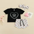 thumbnail image 2 of EIMELI 3Pcs Valentines Day Outfits Short Sleeve Heart Letter Print Tops Drawstring Shorts Bow Headband Set, 2 of 7