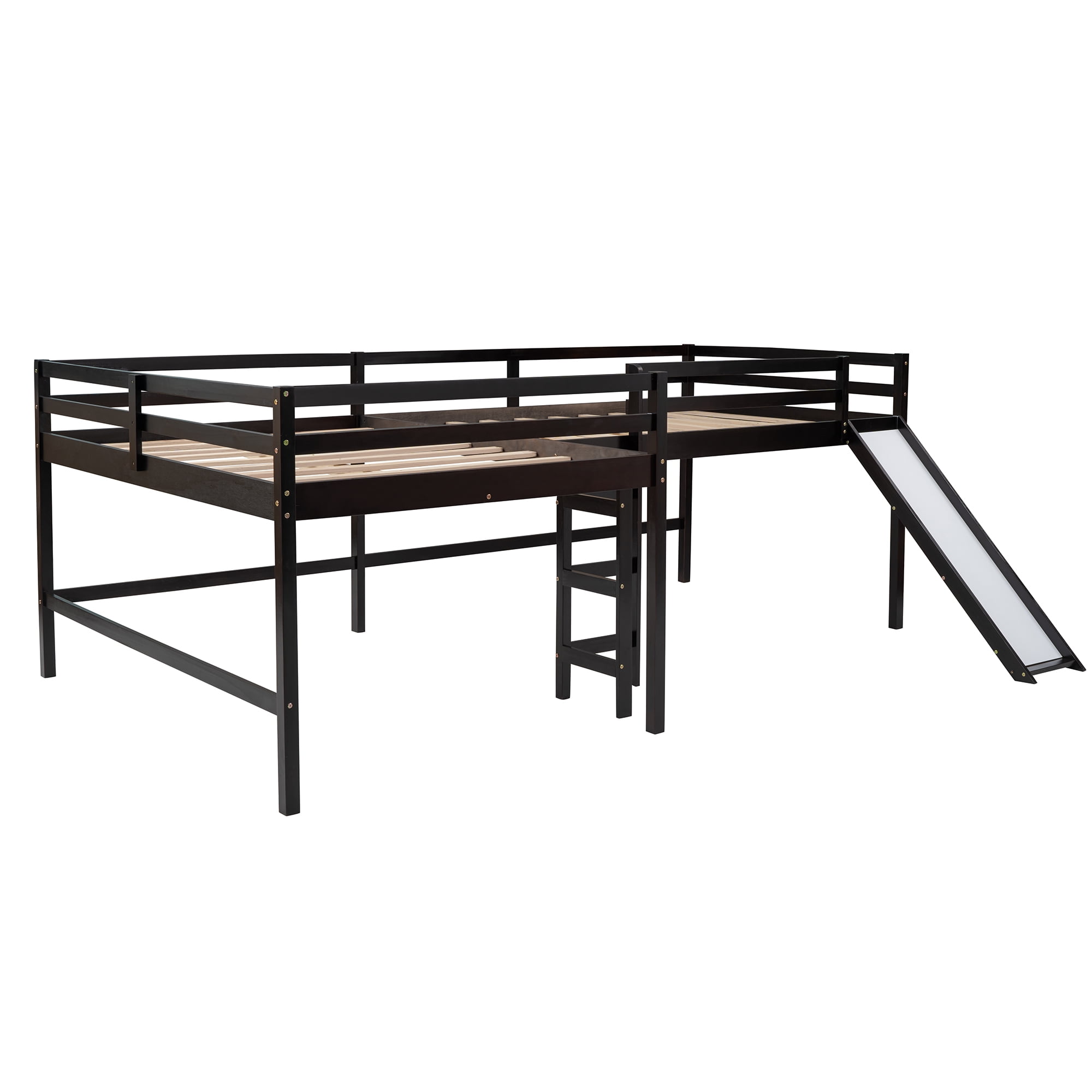 3 Color Wood LShape Loft Bed, Full Size Loft Bed with Builtin Ladders