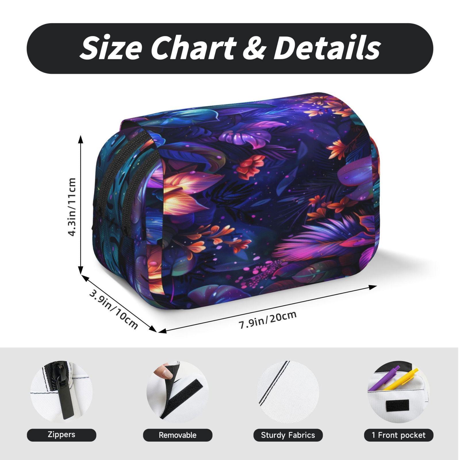 Rateoe Magic Colorful Forest Leaves Pattern Double Clamshell Pen Case, Storage Organizer with Two Zipper Compartments– Holds Up to 50 Pencils & Pens