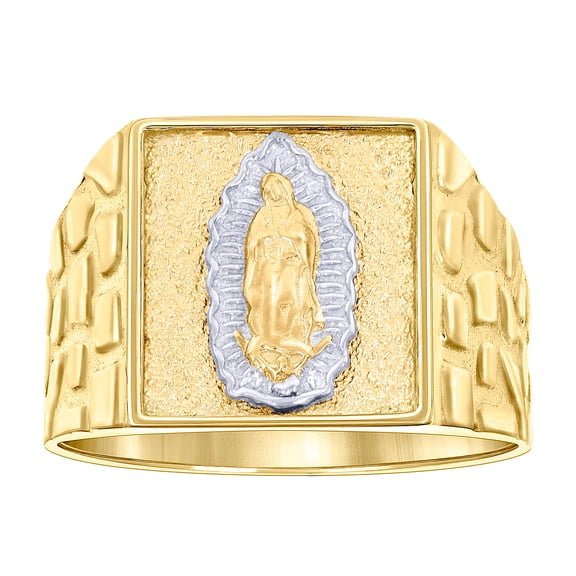 10k Two-tone Gold Mens Square Head Guadalupe Religious Nugget Ring 14.2x6.5mm Wide Ring for Men
