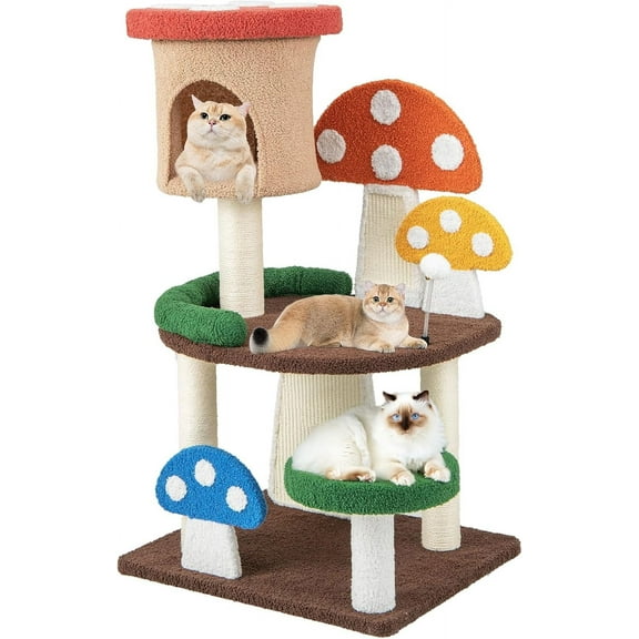 THJTDH Mushroom Cat Tree, Cute Cat Tower with Full-Wrapped Sisal Post, Scratching Board & Spring Ball, Cat Condo, Flower Cat Tree Tower for Indoor Cats Large Adult (40.5 Inch)