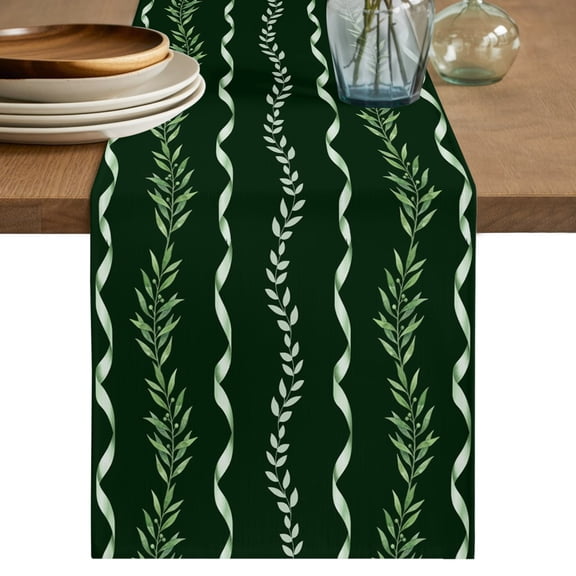 Green Leaves Table Runner 120 Inches Long,Farmhouse Vintage Botanical Leaf Vines Cotton Linen Table Runners Dresser Scarves,Fabric Tabletop Scarf Furniture Cover for Home Dinner Party 13"x120"