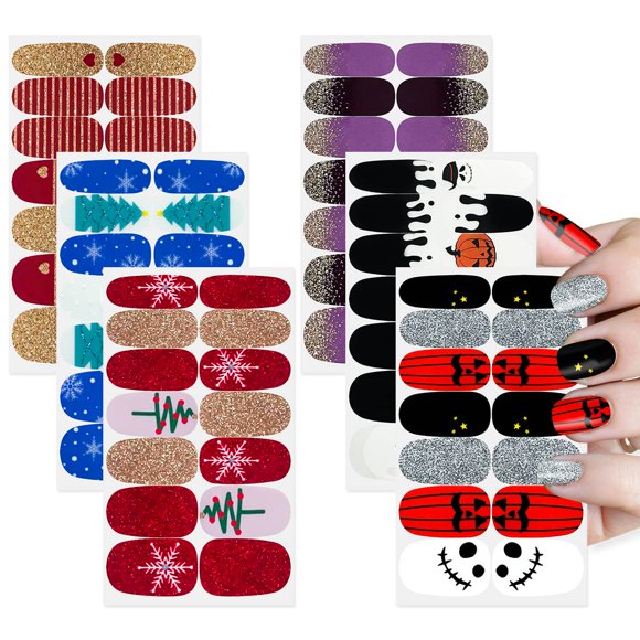 SILPECWEE 6 hojas de pegatinas para esmalte de uñas, envolturas completas para uñas, Halloween, Navidad, vacaciones, diseño de uñas autoadhesivas, tiras de esmalte de uñas, pegatinas de gel para manic