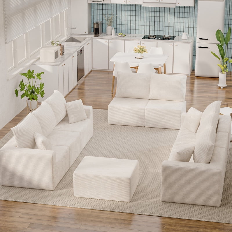 Lacoo Modular Sectional Sofa Set, Cloud-Like Corduroy Seating Couch with Ottoman & Pillows, Oversized L-Shaped Modular Sofa for Living Room, Home Theater, Beige