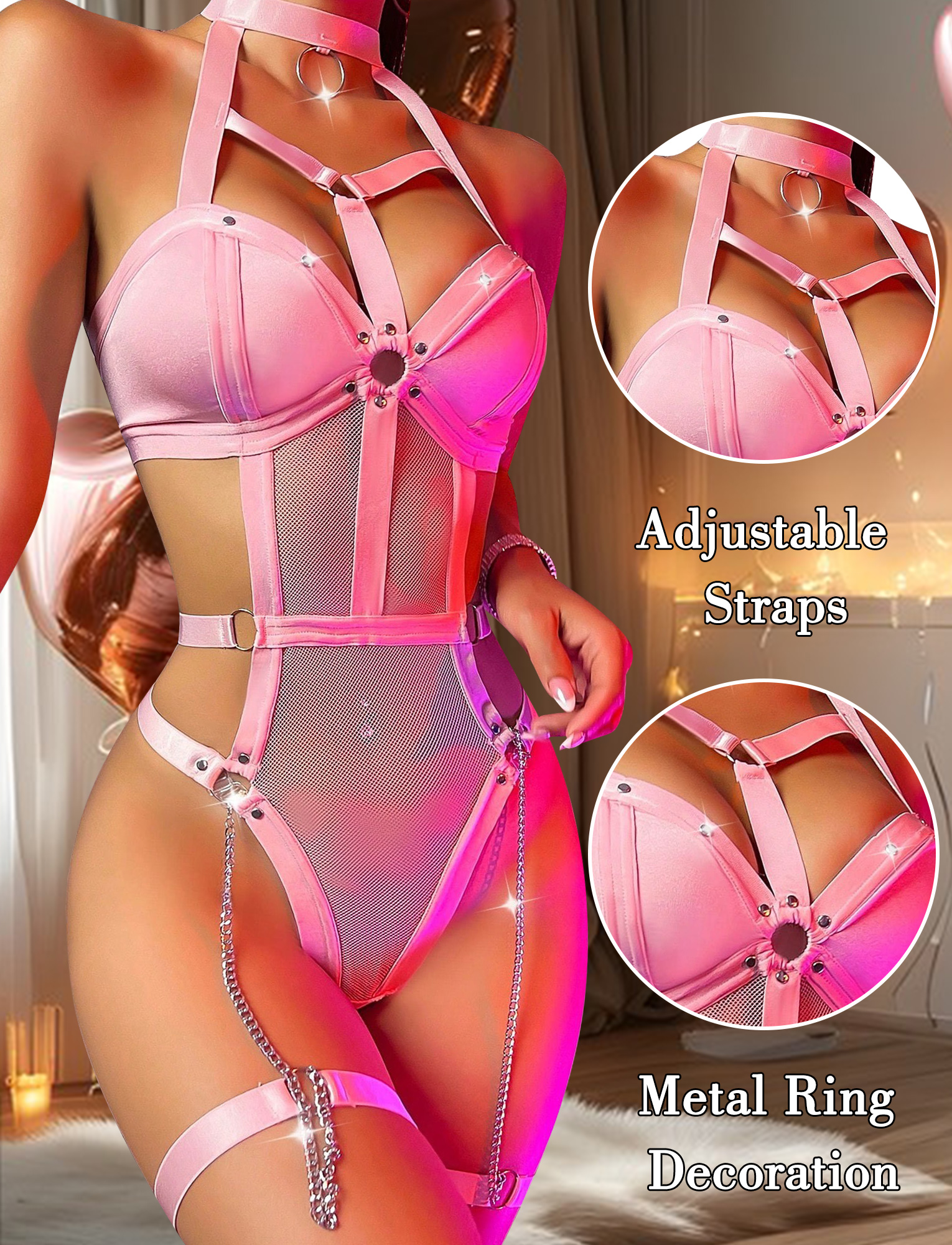 Ausing Womens Lingerie Set PU Leather Teddy Bodysuit Mesh Patchwork Crisscross Choker Chains Garter Belt One Piece Babydoll Wet Look Clubwear Pink L