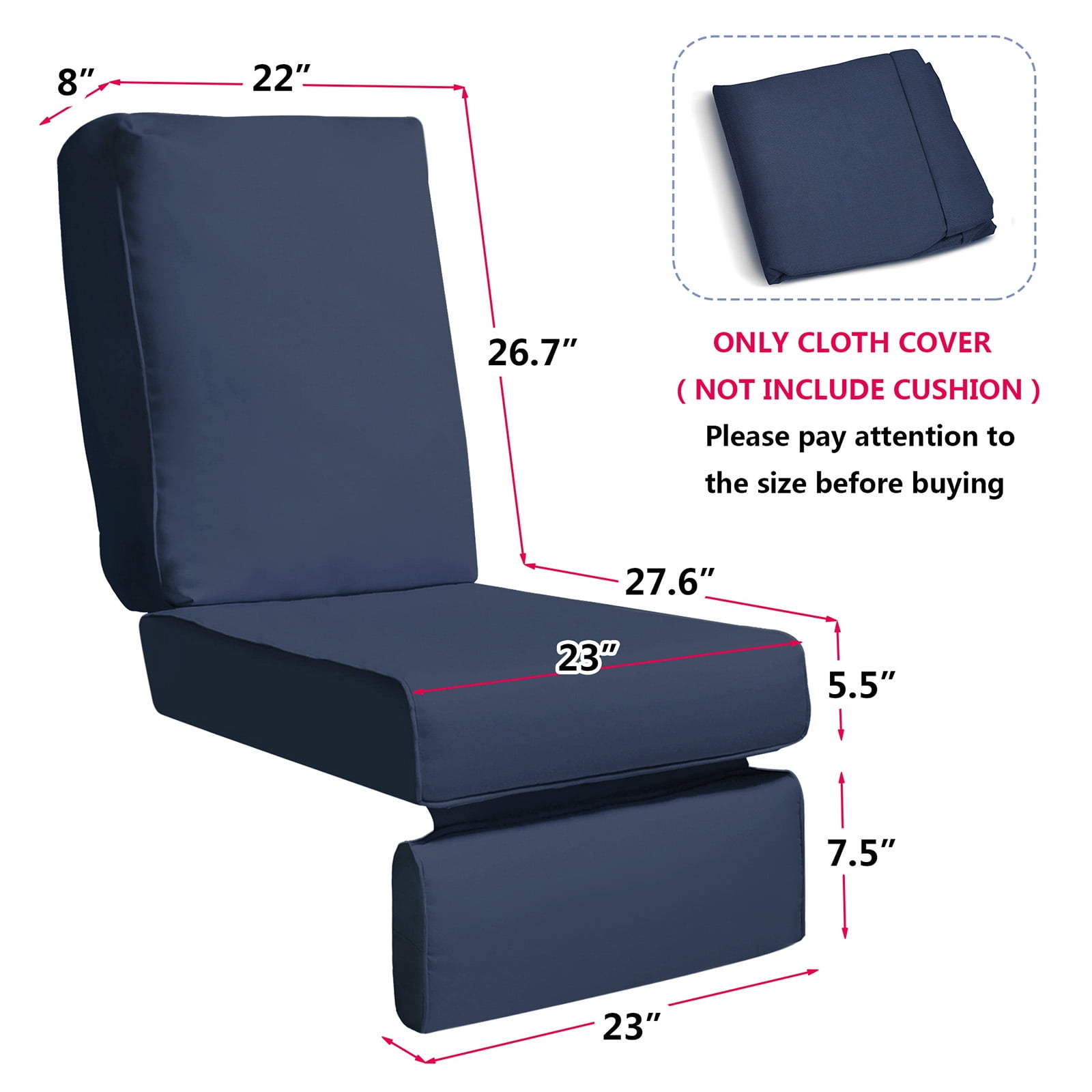 UMI Patio Outdoor Recliner Cushion Cover for Wicker Chair, Replacement Patio Seat & Back Cover, Waterproof & Removable, 27.6" x 23" x 26.7", Navy