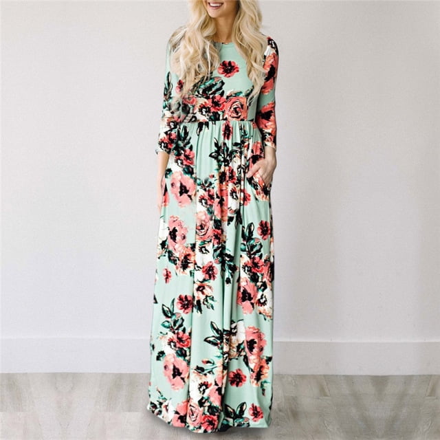 Long Dress Floral Print Boho Beach 