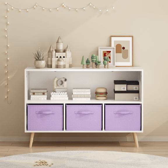 4 Cube Kids Bookcase & Toy Storage Organizer with 3 Fabric Drawers for Playroom Storage,Purple