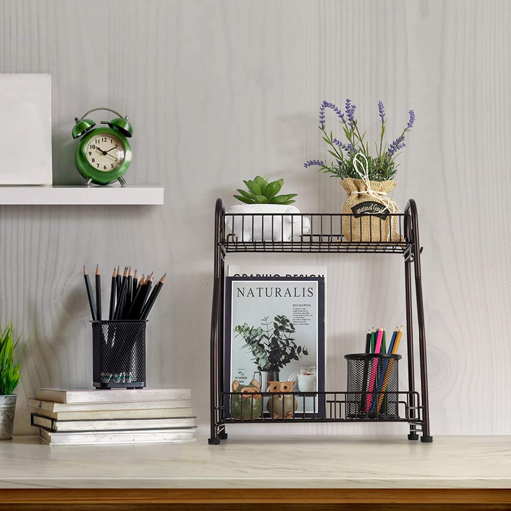 2Tier Countertop Shelf with 3 Hooks Spice Rack Standing Shelf Bronze