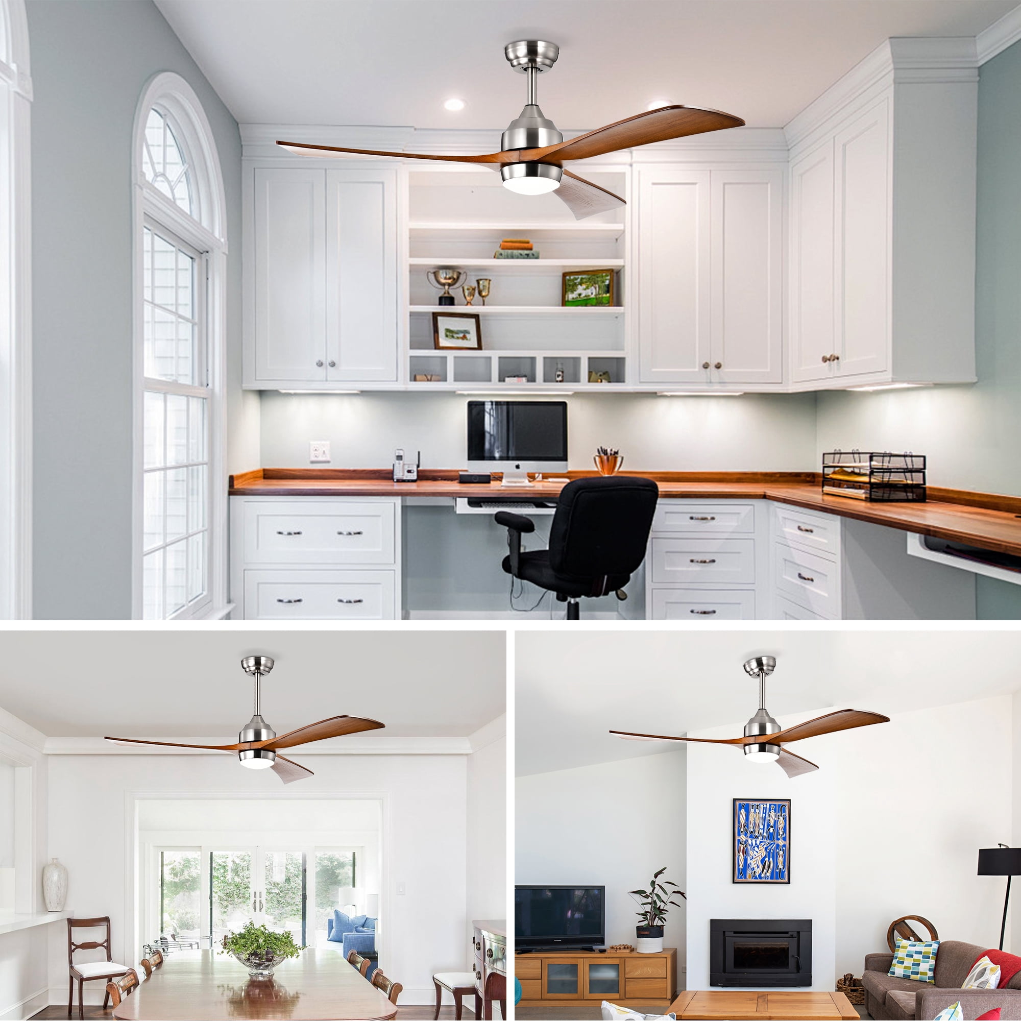 Ceiling Fan with Light, 52 Inch Solid Wood Blade Quiet Fan for Home Office Living Room, Stain Nickel