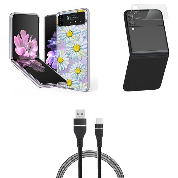 Bemz Premium Bundle for Samsung Galaxy Z Flip 3 5G: Slim Snap-On Protector Case (Daisies), Rear Camera Glass Protector, Nylon Braided USB-C to USB-A Cable (3 Feet)