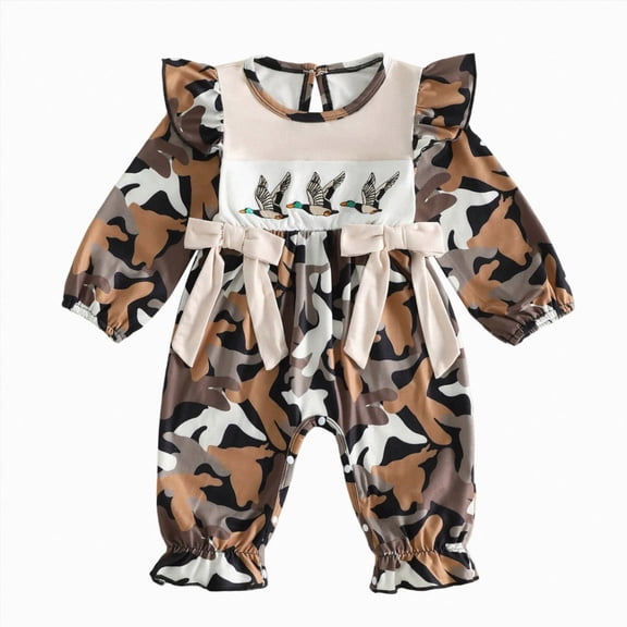 mgoYE Newborn Baby Girl Hunting Outfit Camo Ruffle Long Sleeve Romper Jumpsuit Smocked Bubble One Piece Clothes(Black,12-18 Months)