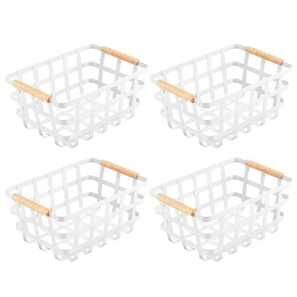 Paniers de Ferme Paniers en Fil Métallique Bac Organisateur de Nourriture en Fil Panier de Rangement Panier à Fruits avec Poignées en Bois pour Garde-Manger Armoires Comptoir de Cuisine Rustique Placard