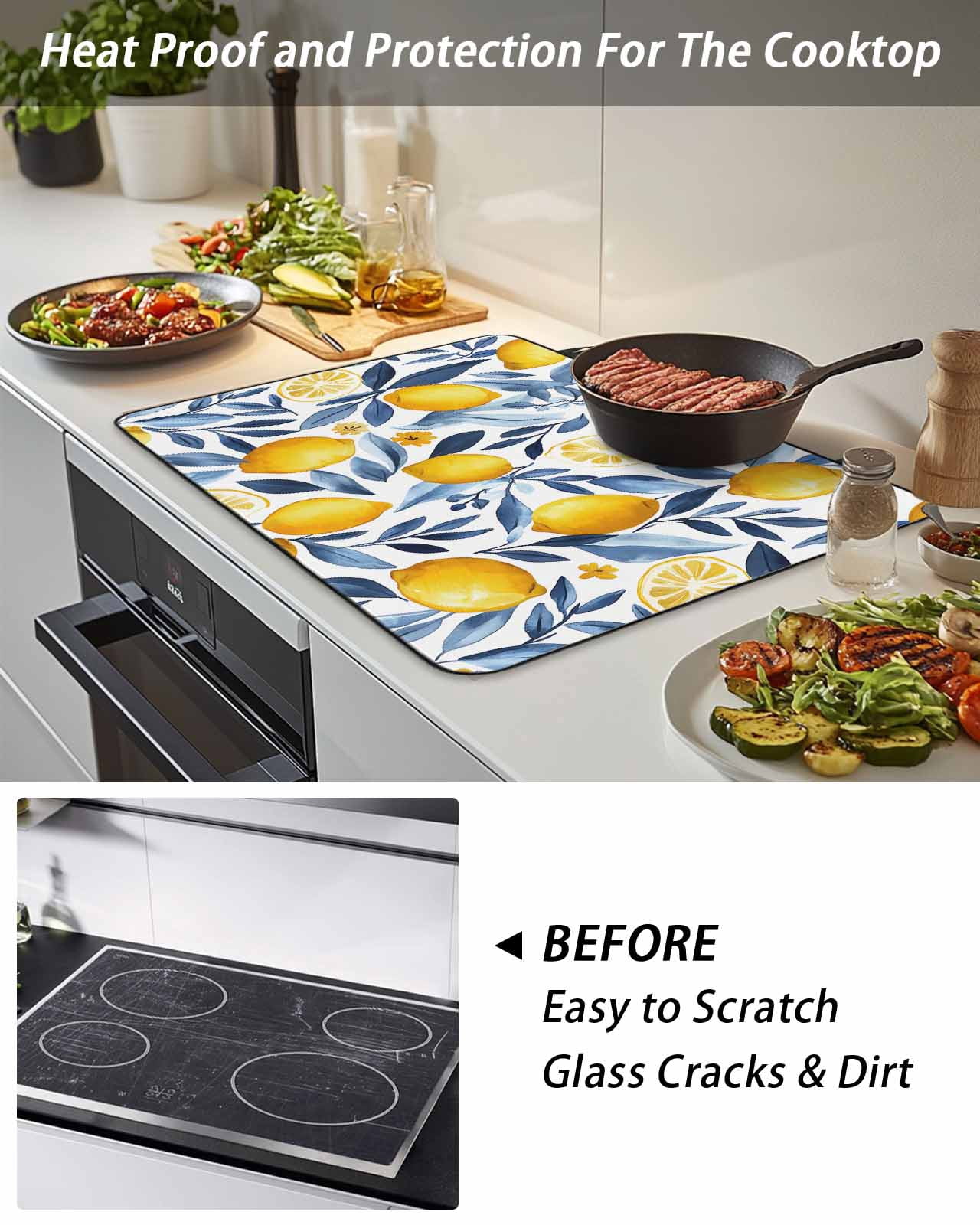 Stove Top Covers for Electric Stove, Yellow Lemon Glass Stovetop Cover Protector, Blue Flower Leaves Spring Summer Plant Induction Cooktop Protector Oven Mat for Kitchen Countertop 24"x21"