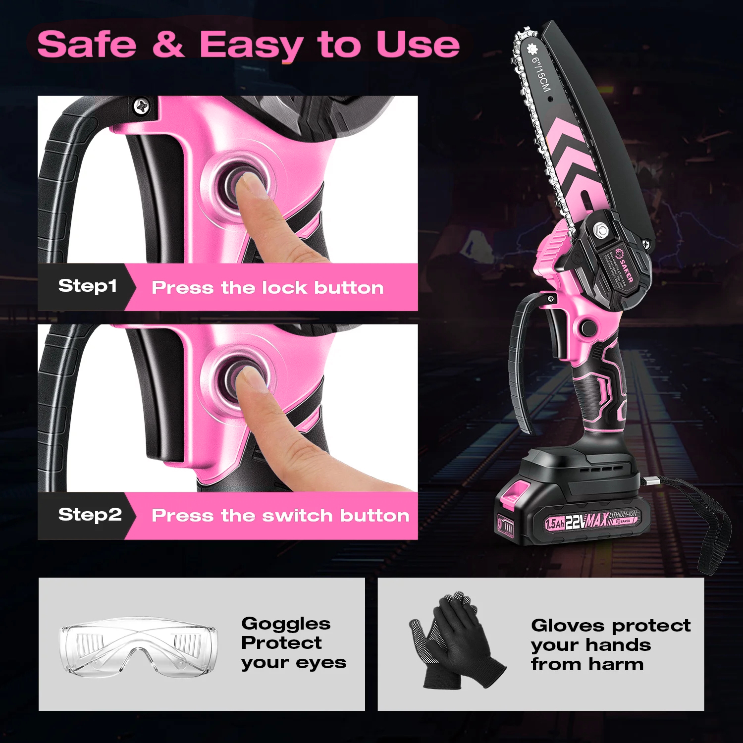 Saker Mini Chainsaw, 6-Inch Electric, Rechargeable, Cordless, Powered by 2x 22V 1500mAh Batteries, Includes 2 Chains, for Women & Elderly, Pink