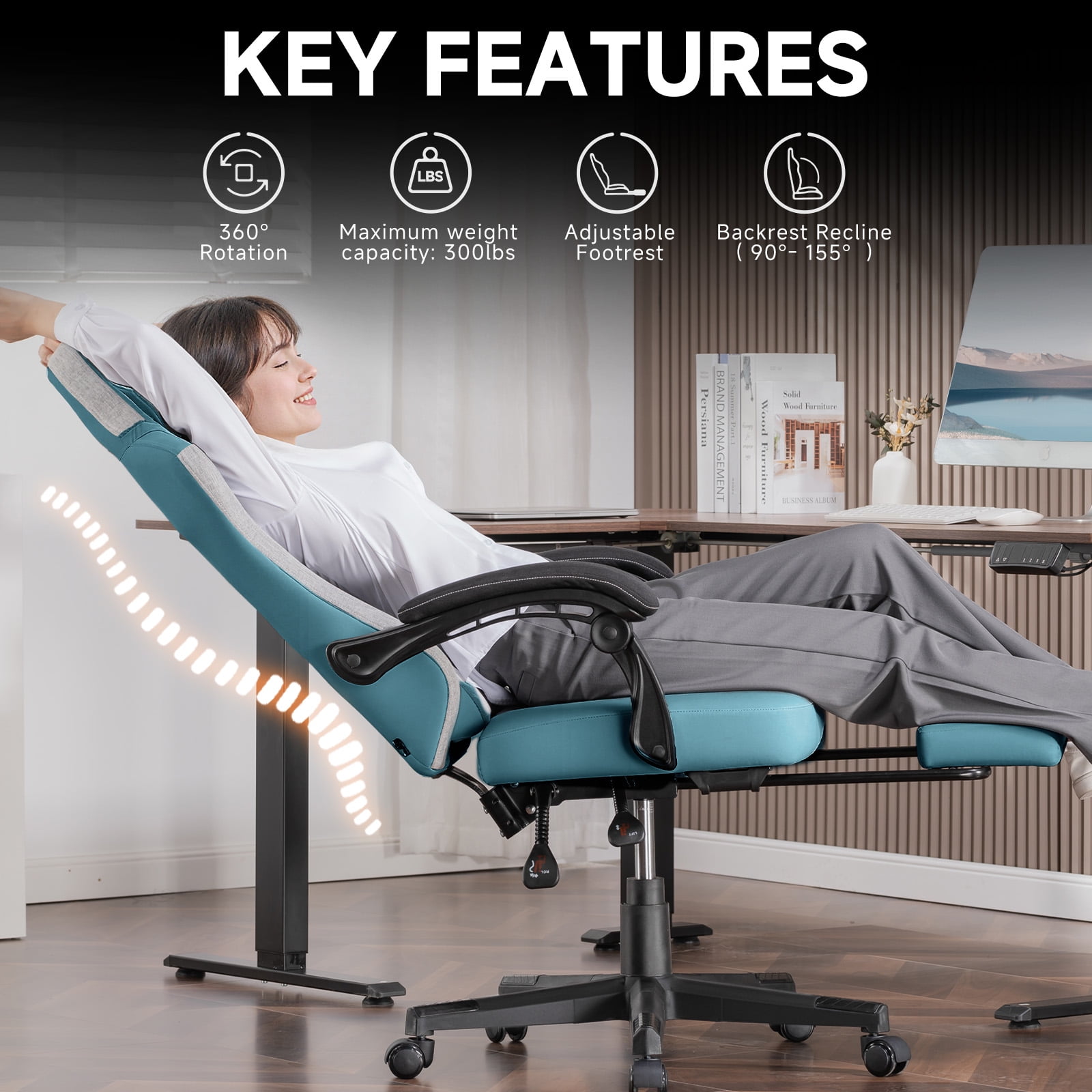 GTPLAYER Gaming Chair, Fabric Ergonomic Office Chair with Footrest and Lumbar Suppor for Adult, Oceanblue