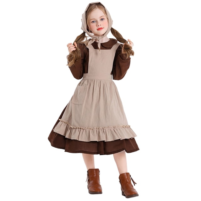 XASZHN Children's European Festival Stage Play Rural Farm Dress Coffee_006 XS