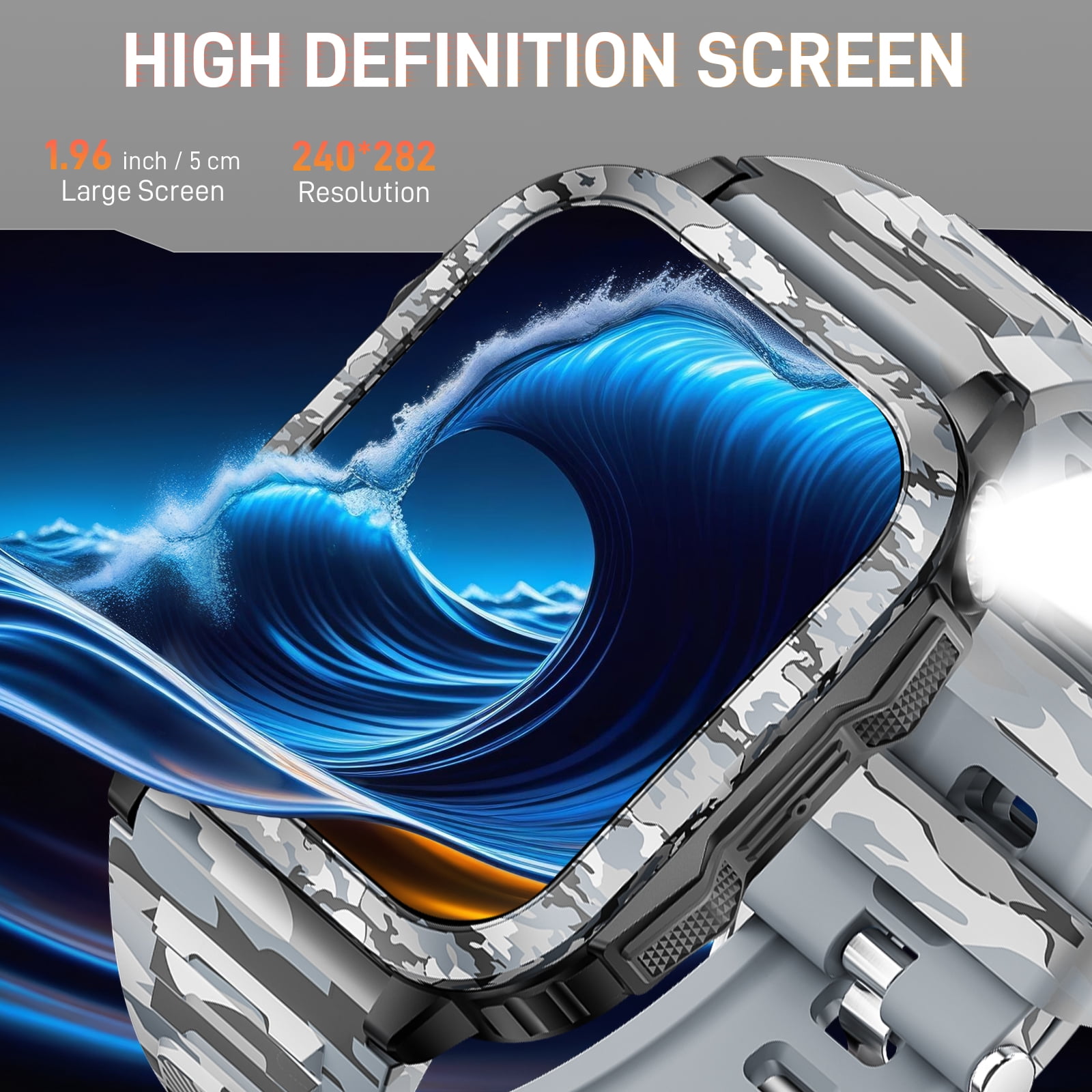 XAXRE KT79 Smart Watch for Men with 1.96" Big Screen LED Flashlight/UV Light 3ATM Waterproof Rugged Smartwatch with Text and Call for iOS Android, 1pc
