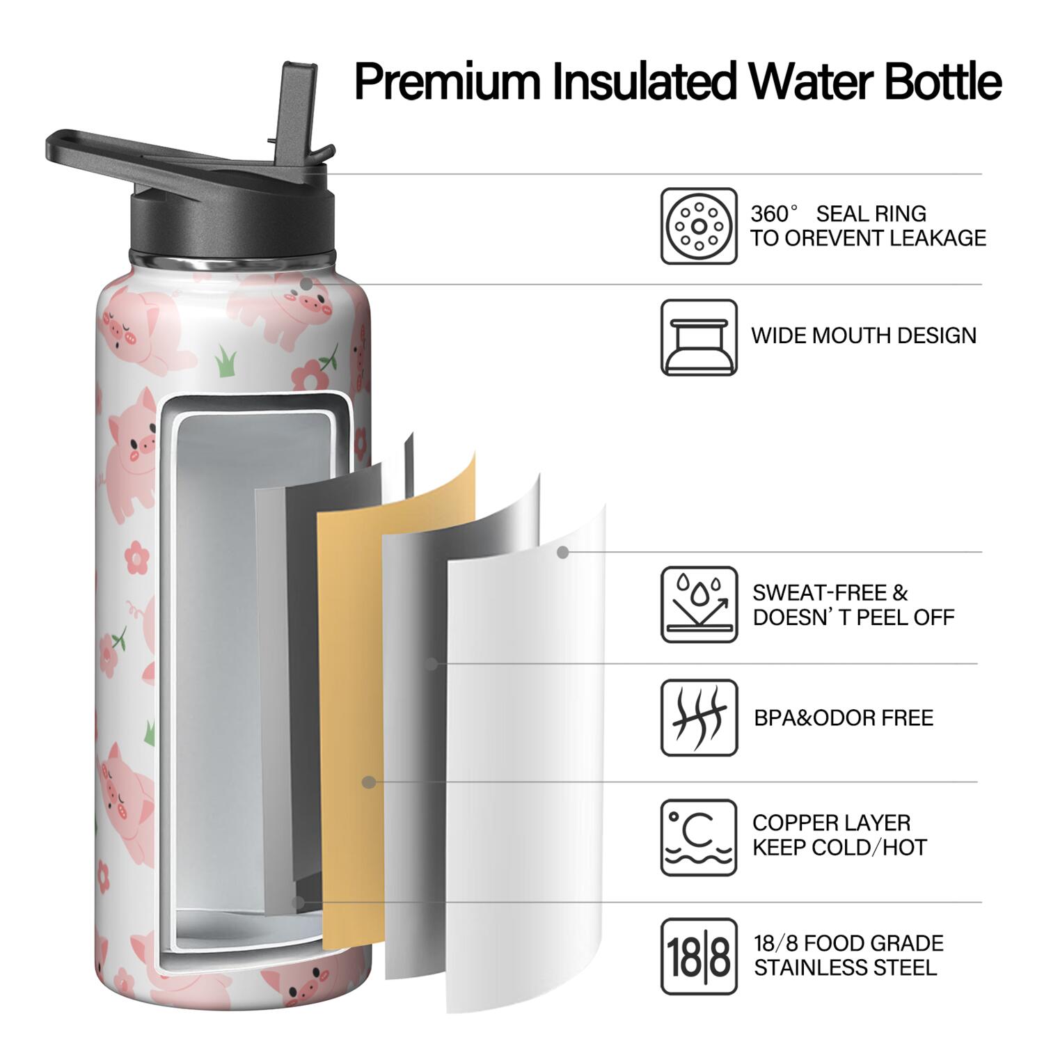 Camping & Hiking 40oz Pig Themed Lovers Pig Themed Water Bottle Vacuum Insulated Stainless Steel Leak Proof Hot Cold Gift