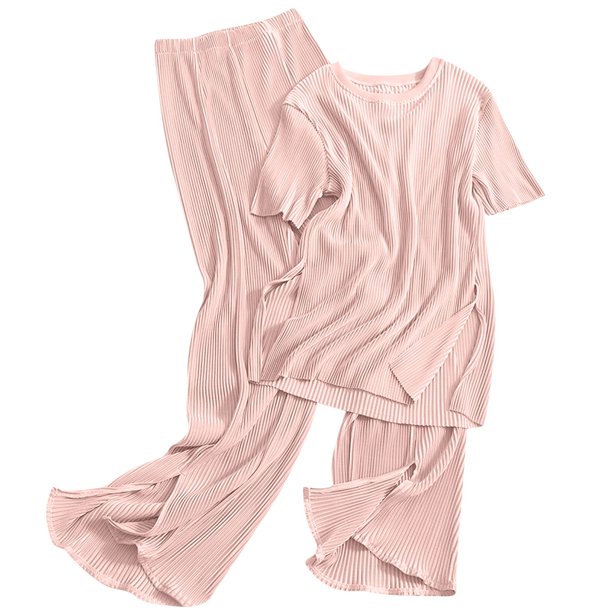 Conjunto de dos piezas de verano para mujer: top con cuello redondo + pantalones de cintura alta con abertura, tejido de punto, estilo informal/relajado, talla única