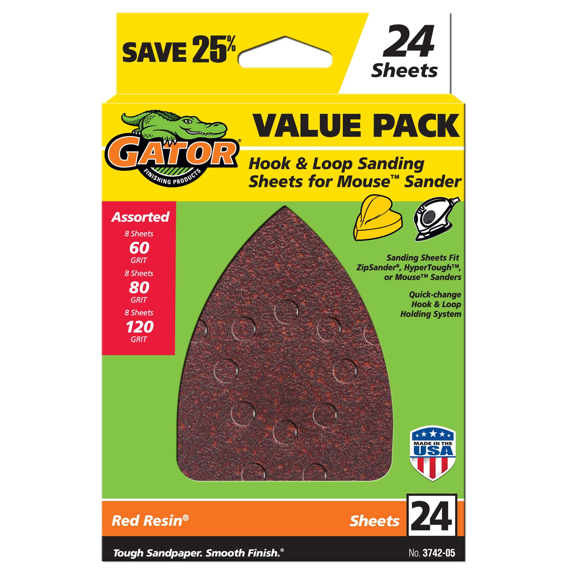 Gator Aluminum Oxide Hook and Loop Mouse Detail Sanding Sheets, Assorted 60/80/120 Grit, 24-Pack, 3742-05