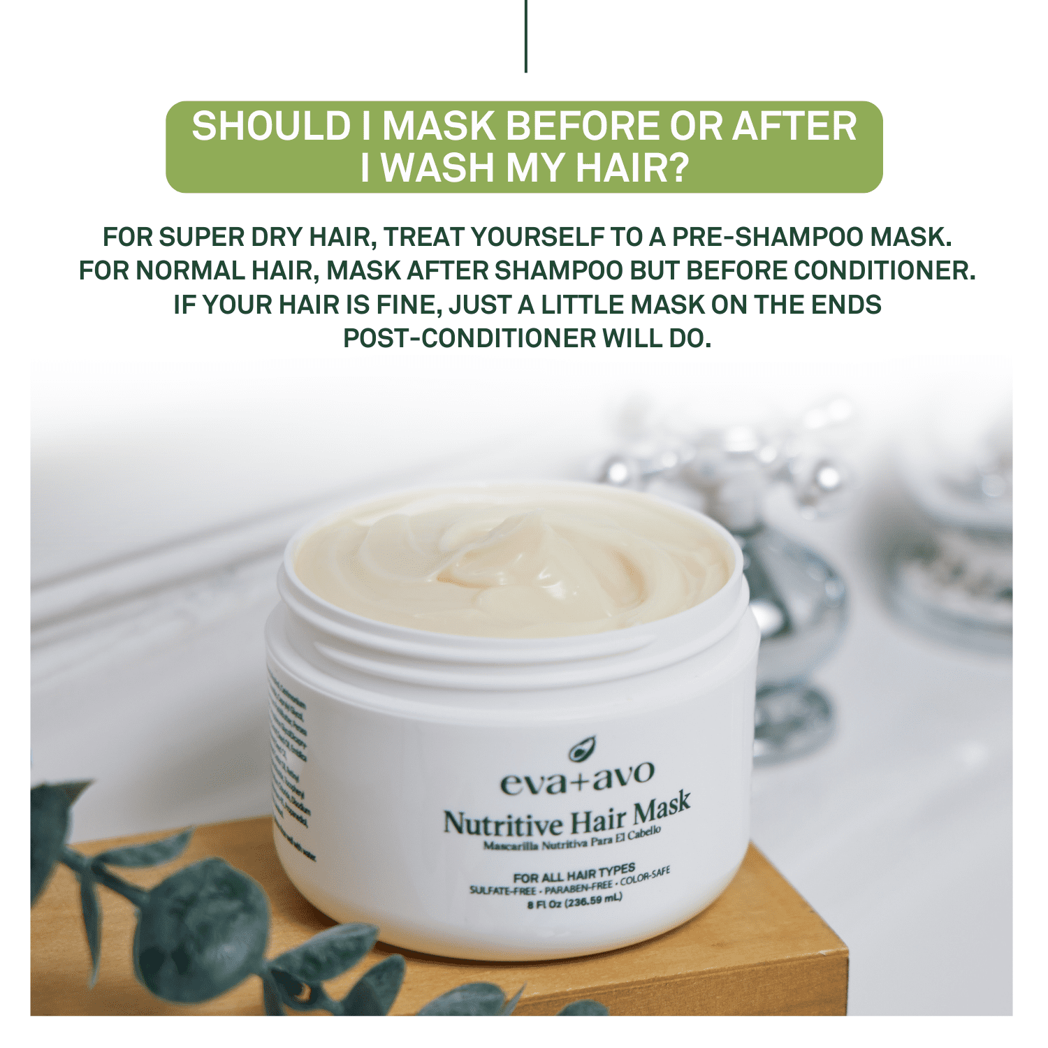 eva+avo Nutritive Hair Mask with Avocado Oil, Moisturizing for Dry & Damaged Hair, 8 fl oz