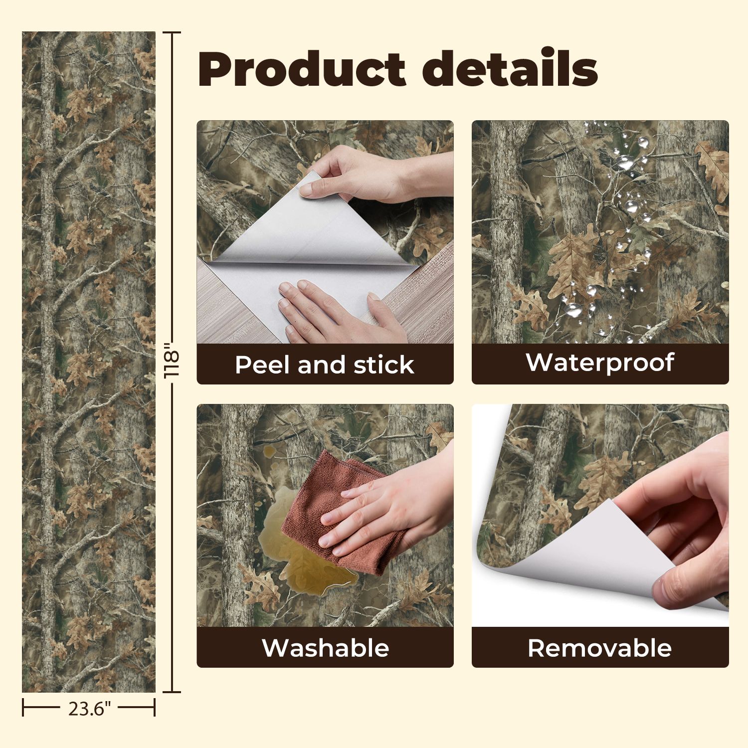 Peel and Stick Wallpaper 23.6in x 9.8ft Autumn Forest Camouflage Oak Leaves Tree Branches Contact Paper Vinyl Waterproof Self Adhesive Wall Paper for Shelf Cabinet Hunting Cabin