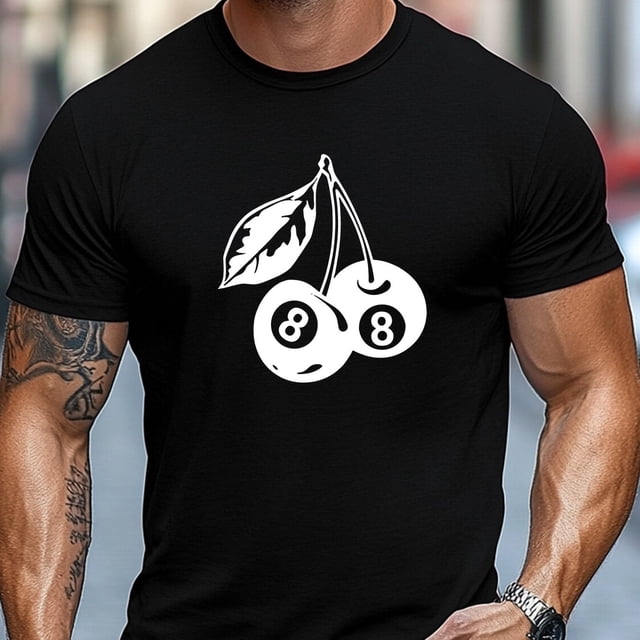 T-Shirt pour Homme, Simple et Stylé, Propre et Minimaliste, T-Shirt d'Été Décontracté à Col Rond à Manches Courtes pour Homme Motif Cerise et Boule de Billard,