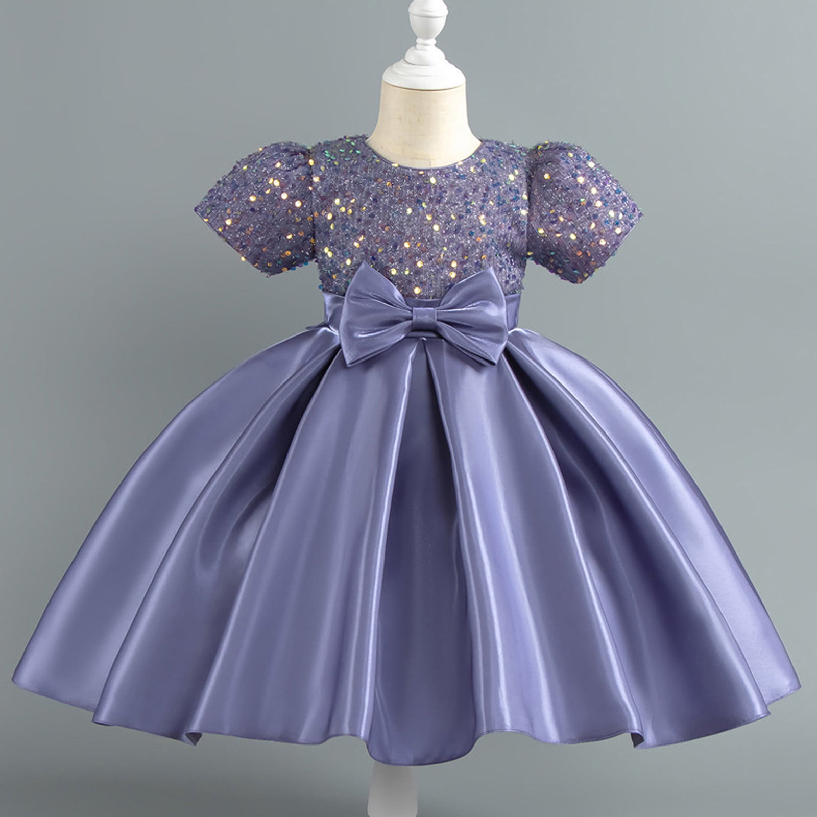 Girls Prom Dresses Formal A-Line Size 2-10 Toddlers Kids Elegant Sequins Short Sleeve Bowknot High Waisted Solid Performance Party Dress