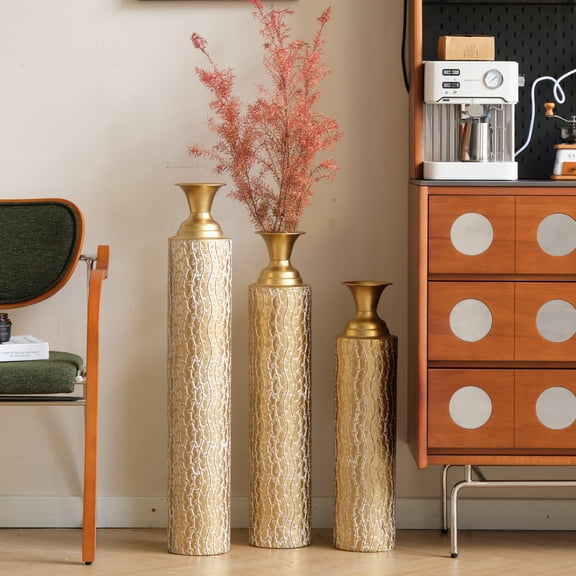 Noble House 3-Piece 33.86", 29.53", 24.8" Metal Floor Vases, Distressed Vine Pattern, Antique Gold