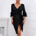 thumbnail image 2 of fartey Womens Sparkle Striped Bodycon Dress Deep V Neck Puff Long Sleeve Dresses Sexy Side Split Hem Party Sundress With Bow Tie Evening Midi Dress, 2 of 9