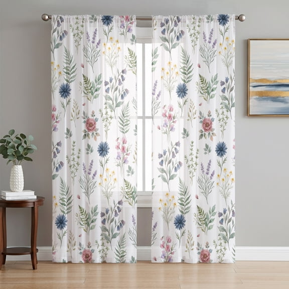 Summer Wildflowers Sheer Curtains 72 Inch Length 2 Panels Set, Farmhouse Spring Floral Botanical Voile Window Treatment Rod Pocket Curtains Sheers Drapes for Bedroom/Living Room/Kitchen 52"x72"x2