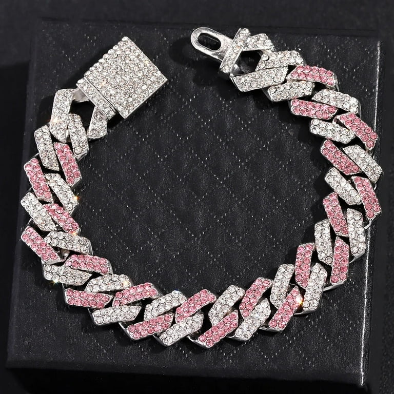 Fashion Pink Blue Iced Out Crystal Prong Cuban Link Chain