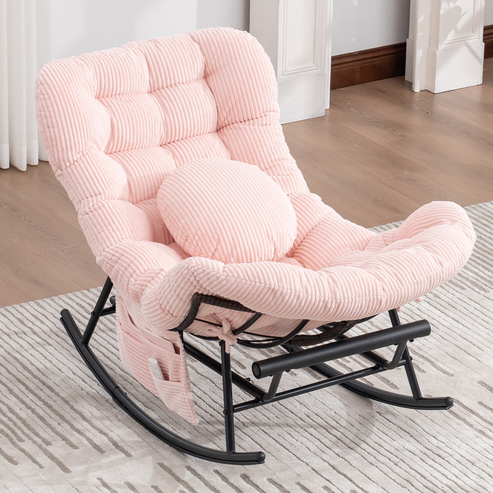 MOONMISS Outdoor Rocking Chair with Footrest, Indoor Oversized Comfort Reading Chair Cover with Cushion, Patio Rocking Chair Lounger,Pink