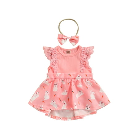 

ZIYIXIN Newborn Baby Girl Summer Dress Romper Sleeveless Lace Bunny Carrot Round Neck Bow Headband Set Pink 12-18 Months