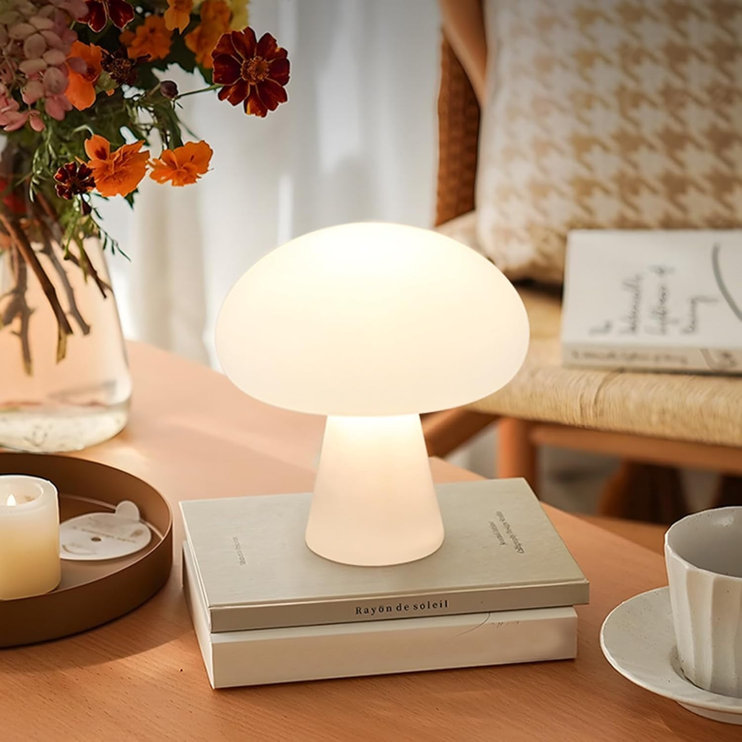 AVEKI Mushroom Lamp, Cordless Mushroom Table Lamp with Touch Sensor, 3 Color Stepless Dimmable Portable USB Charging Bedside Table Lamp for Bedroom Living Room Kids Room (White)